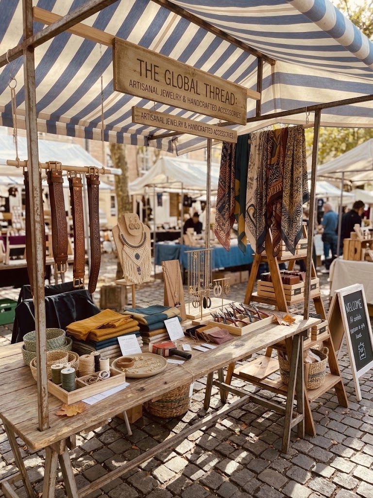 Handmade leather belts, beaded necklaces, and printed scarves on display at a market stall